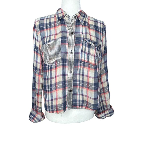 Free People Plaid Button Front Shirt Medium Blue Red Long Sleeve Western Top - Picture 2 of 9